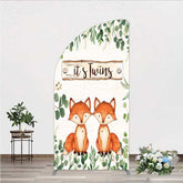 Aperturee - Aperturee It’s Twins Baby Shower Half Moon Arch Backdrop Cute Fox Woodland Animals with Greenery Rustic Welcome Sign Photo Prop